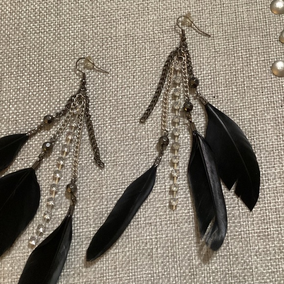 New Classic Black Authentic 3 Feather Earrings with Rhinestones - #188 - Picture 7 of 12